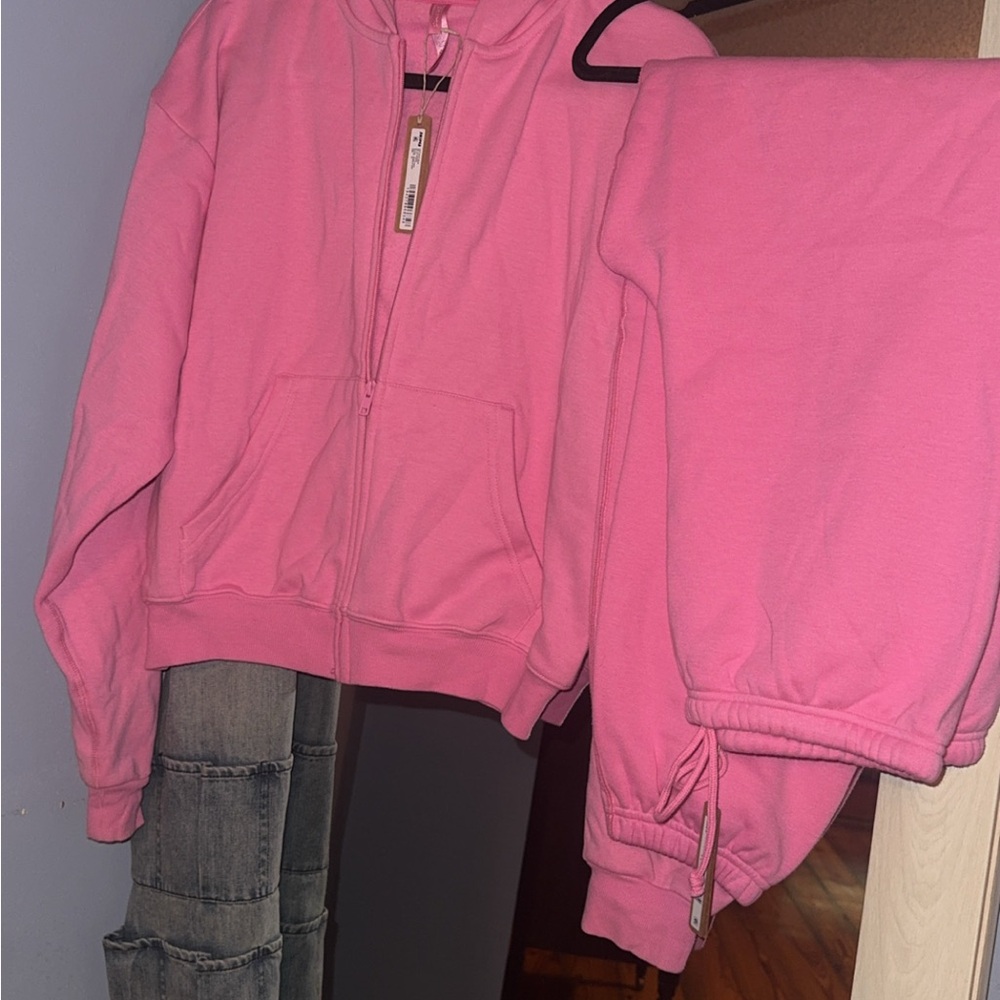 SKIMS Pink Hoodie and Sweatpants Set